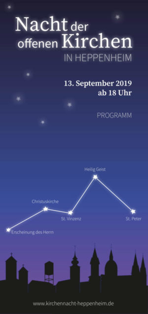 Flyer zur Nacht der Kirchen am 13.September 2019 in Heppenheim. Die Silhoutten der Kirchen die zu Veranstaltungen laden sind zu sehen.